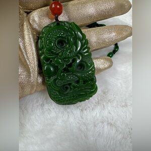 Grade A Burmese Jadeite Jade Dragon Chasing Pearl Beaded Necklace – deep green